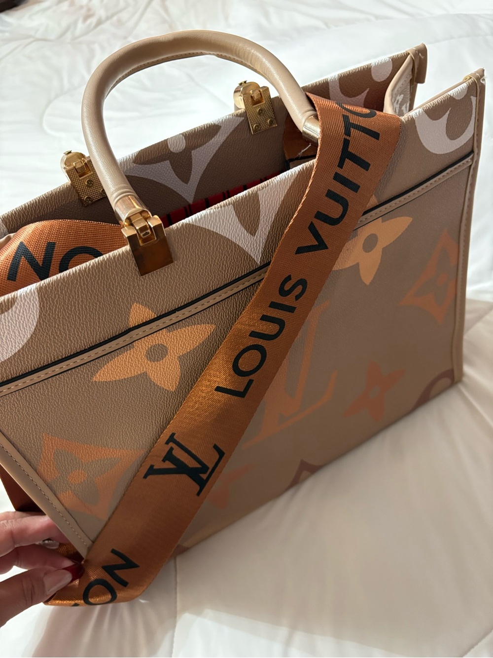Louis Vuitton Beige Monogram Canvas Tote with Orange Logo Strap